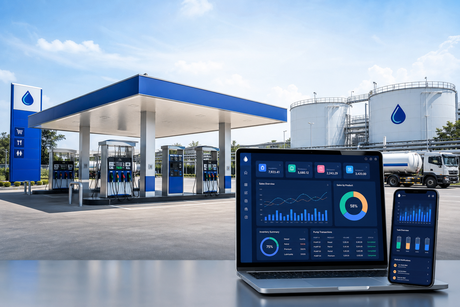 Modern fuel station with ERP dashboard — petrol pumps, tanks, and business analytics